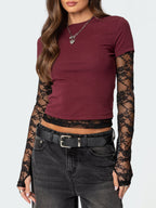 Women's elegant lace sleeve fitted T-shirt from Trendsi, showcasing a sophisticated casual top with lace detail and a sleek fit.
