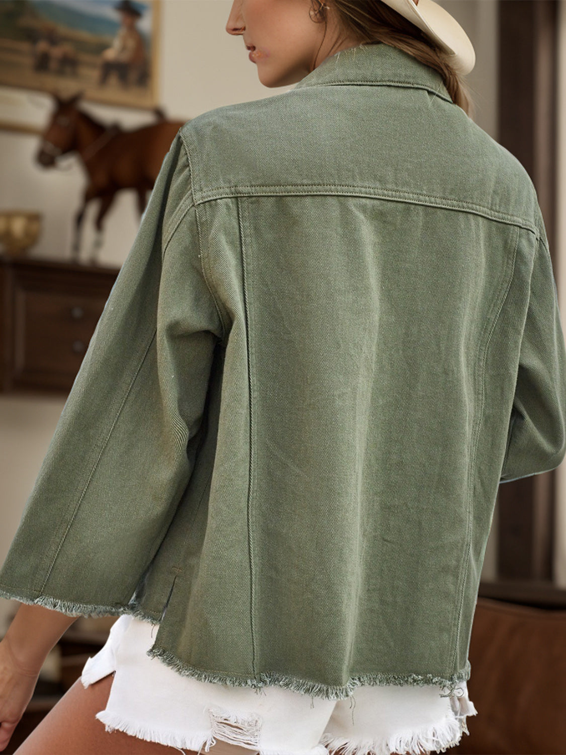 Raw hem button-up denim jacket from Plush Fashion Hub, featuring classic blue denim, button front, and casual style.