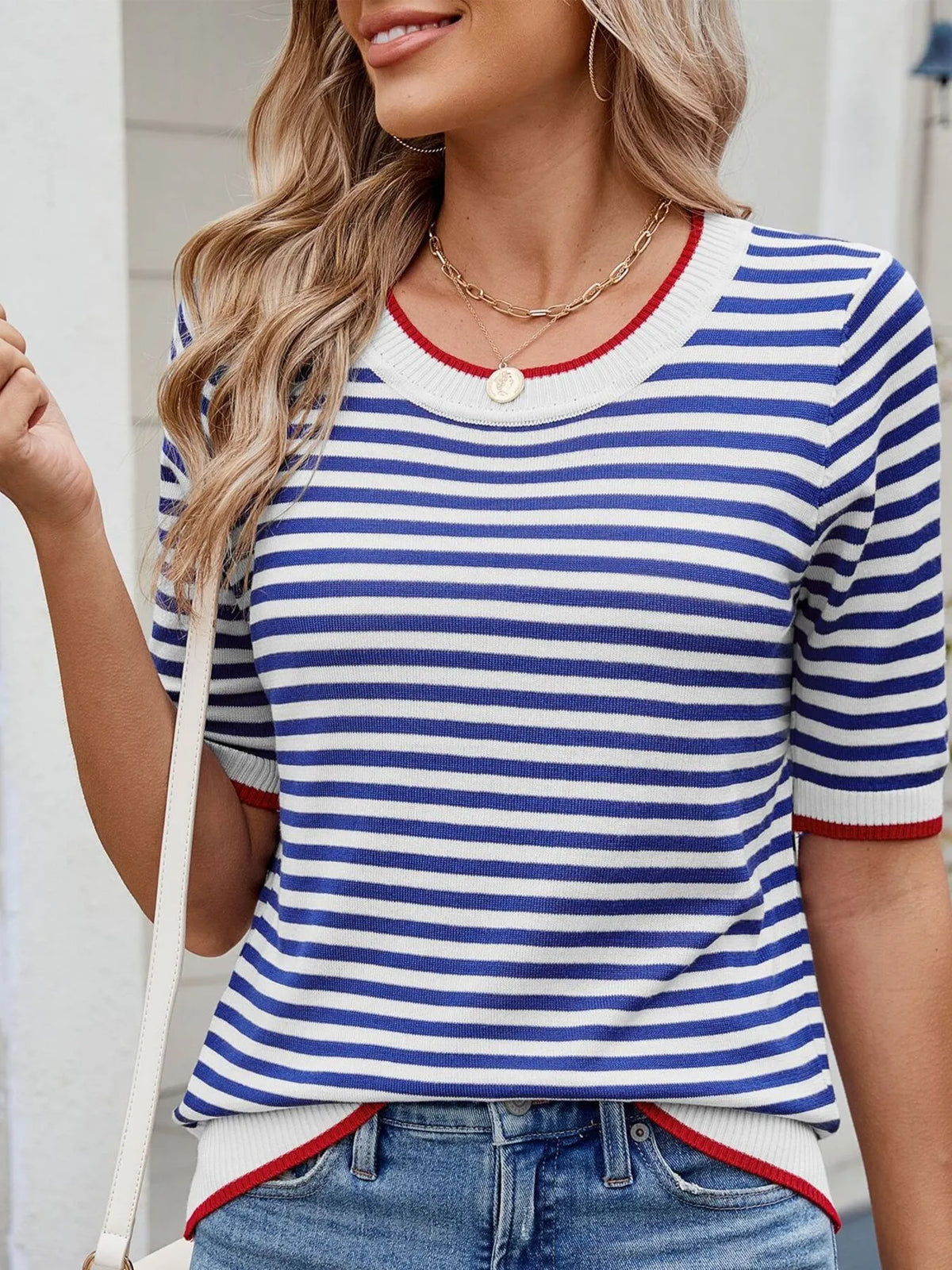 Striped casual T-shirt from Plush Fashion Hub with contrast trim, featuring short sleeves and a relaxed fit.