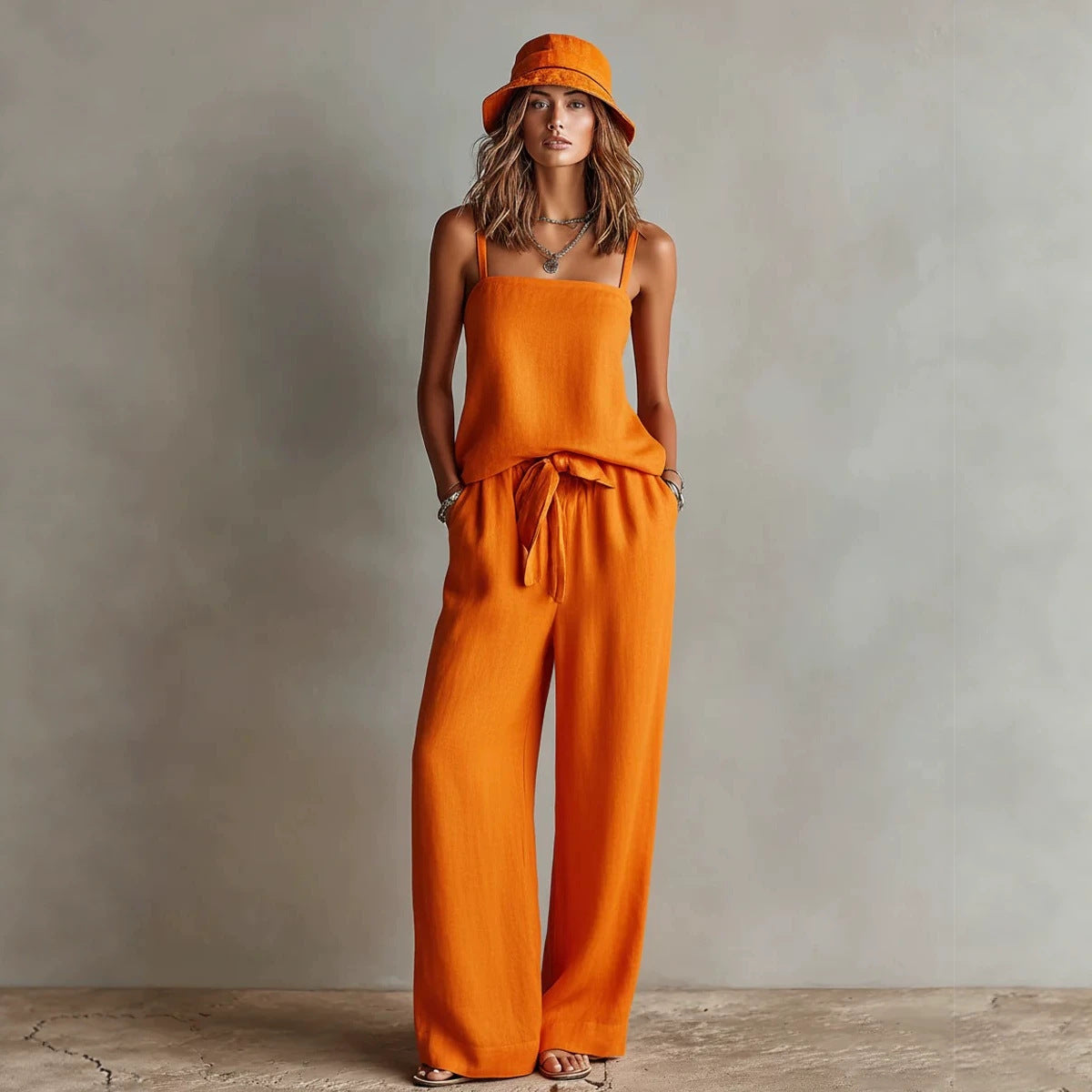 Women's casual two-piece set with spaghetti strap cami top and wide-leg pants by FitiqueFit, shown in a stylish, relaxed fit.