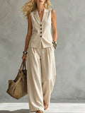 Women's solid linen sleeveless tank top and full-length pants set by FitiqueFit, casualwear outfit in lightweight, breathable fabric.