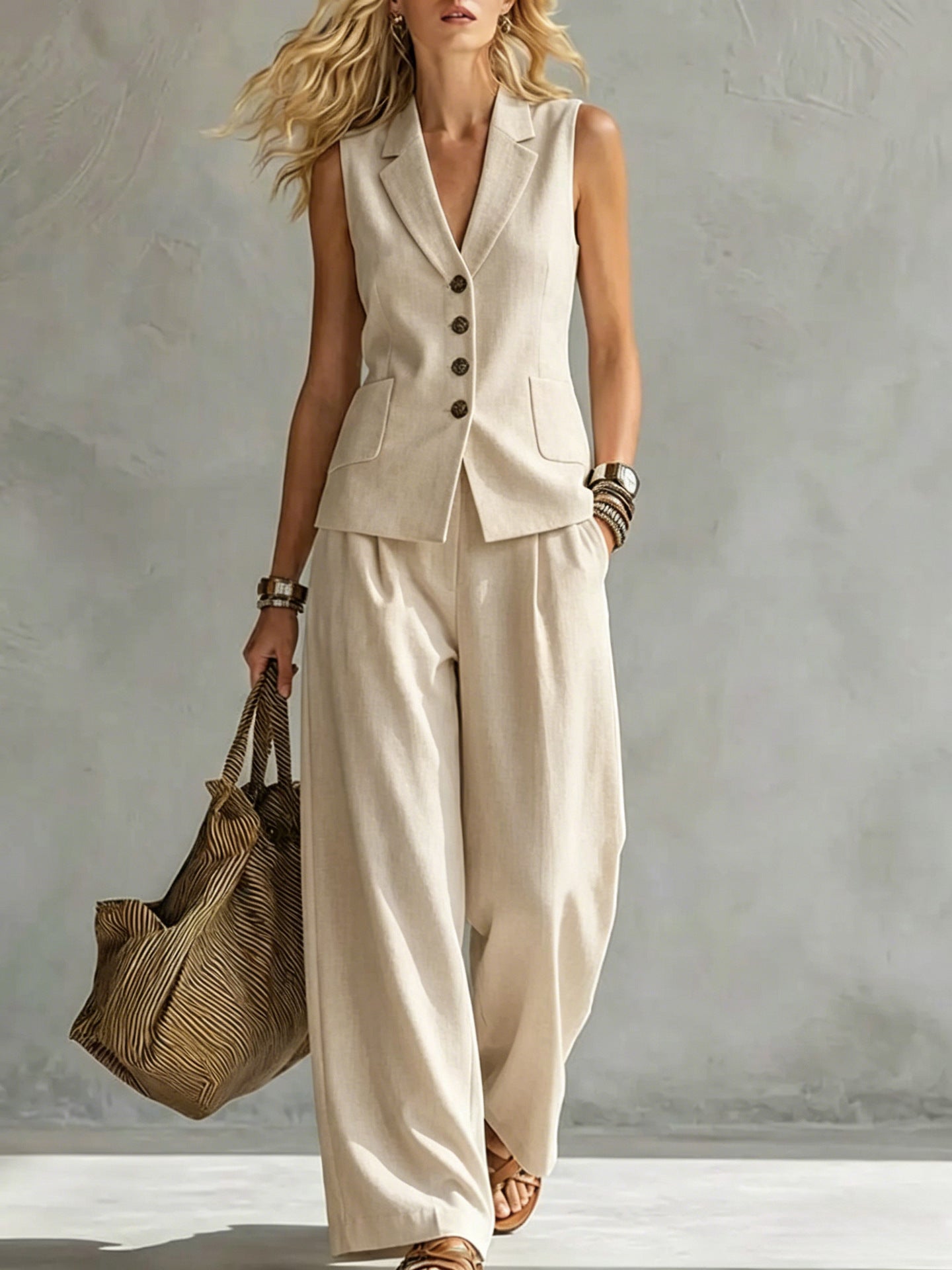 Women's solid linen sleeveless tank top and full-length pants set by FitiqueFit, casualwear outfit in lightweight, breathable fabric.