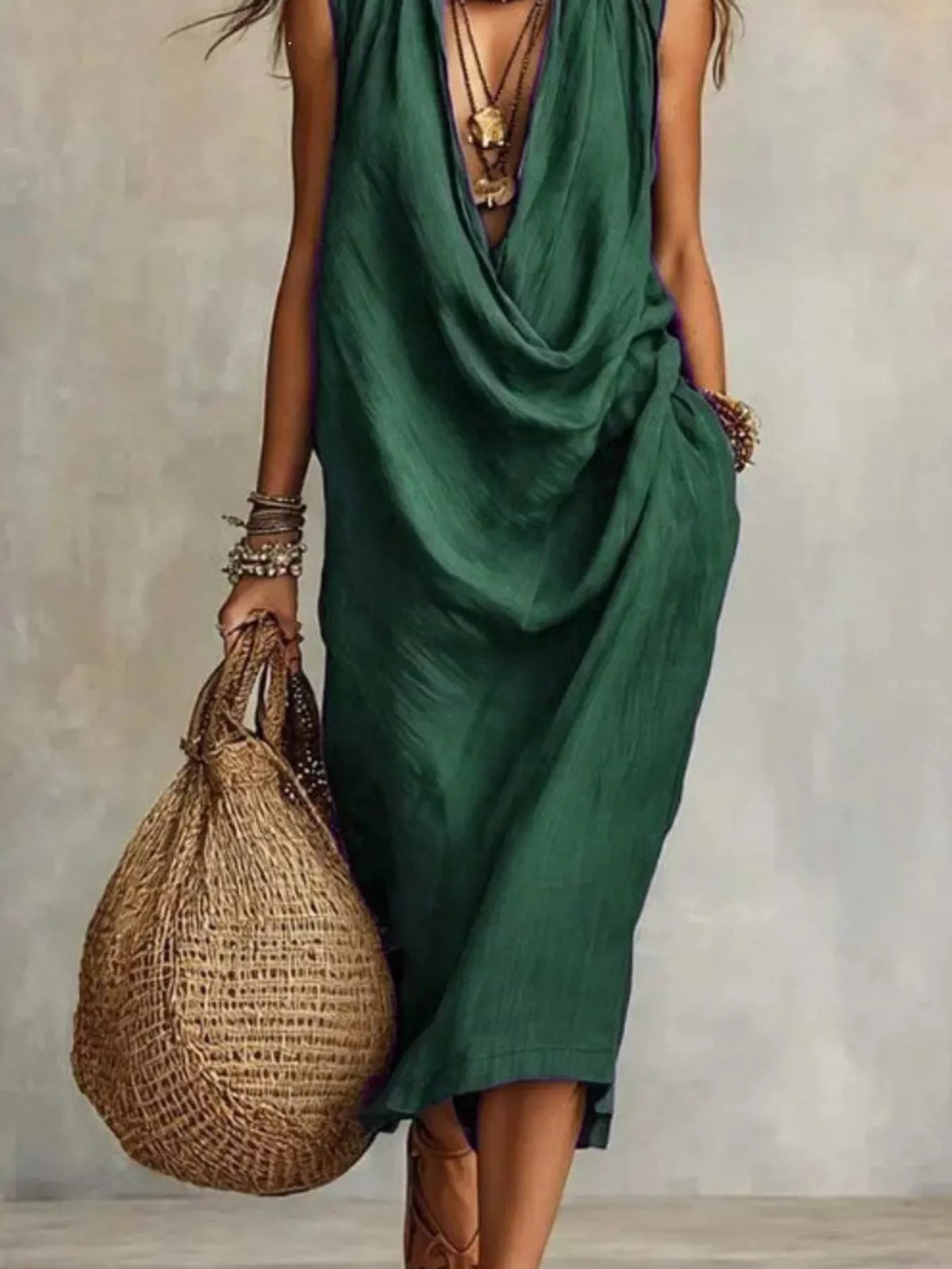 Sleeveless drape neck midi dress by Plush Fashion Hub featuring a flowing silhouette and elegant design.