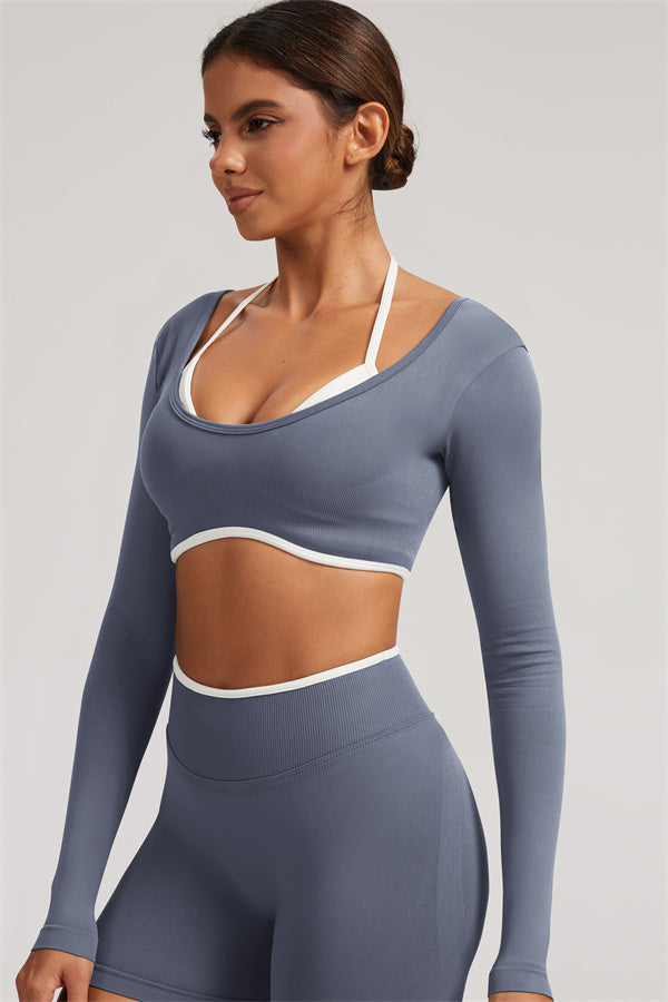 Fitglutes Activewear long sleeve crop top and leggings 2-piece set in stylish workout clothes for gym and fitness activities.