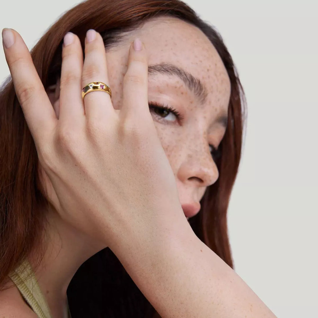 Colorful zircon ring with 18K gold-plated finish from Shopimist, featuring vibrant gemstone accents and a stylish band design.