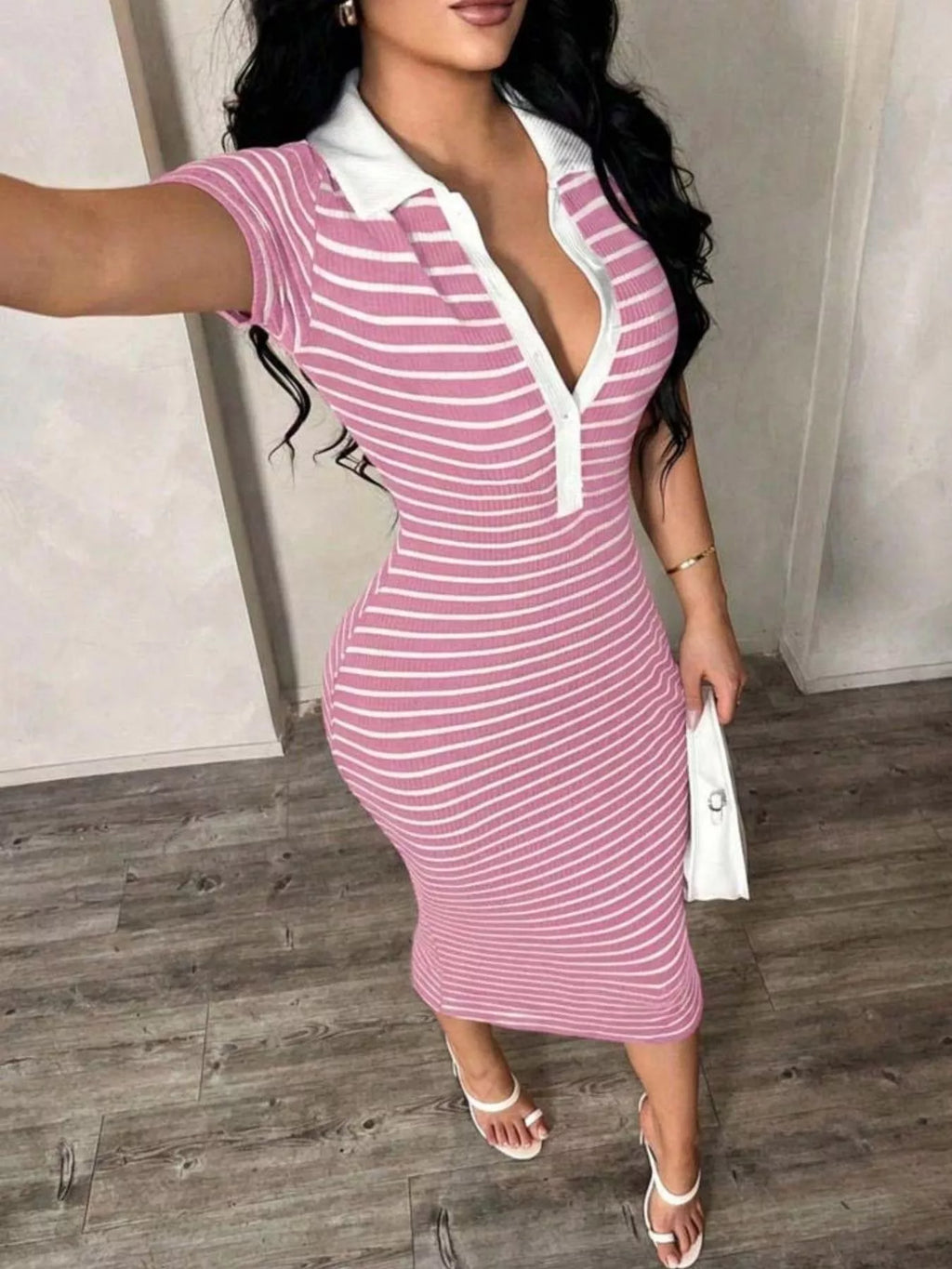 Striped polo collar midi dress by Shopimist, featuring a fitted silhouette and classic design with bold horizontal stripes.