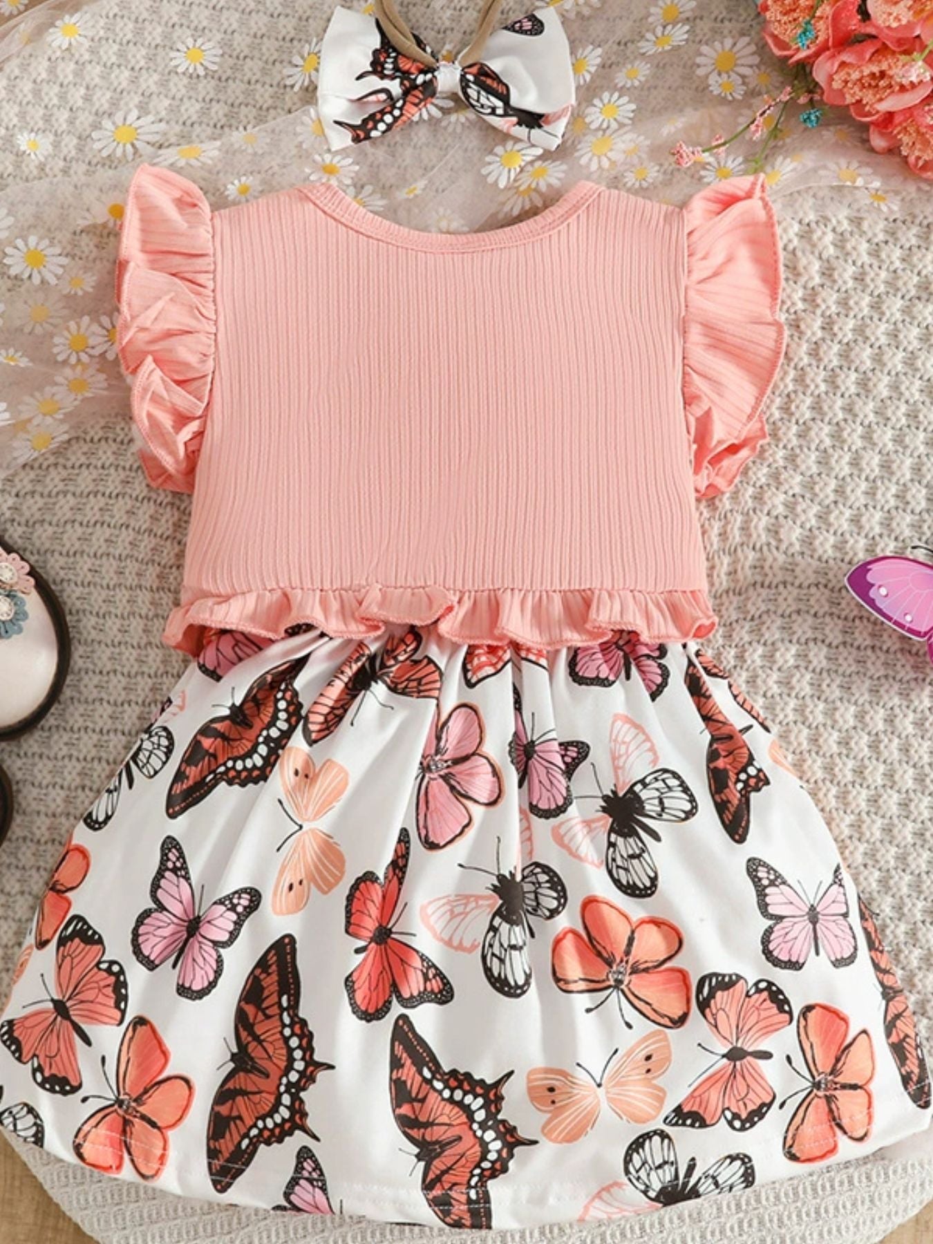 Children's Butterfly Print Dress and Ruffle Trim Cardigan Set with Headband - Plush Fashion Hub
