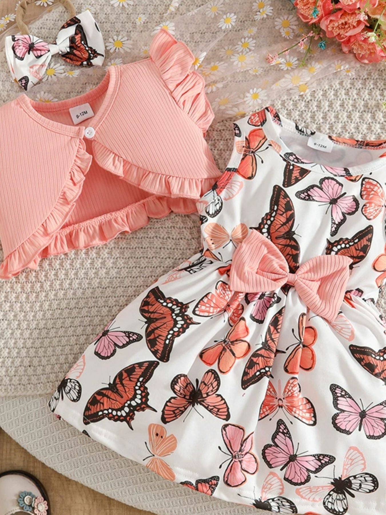 Children's Butterfly Print Dress and Ruffle Trim Cardigan Set with Headband - Plush Fashion Hub