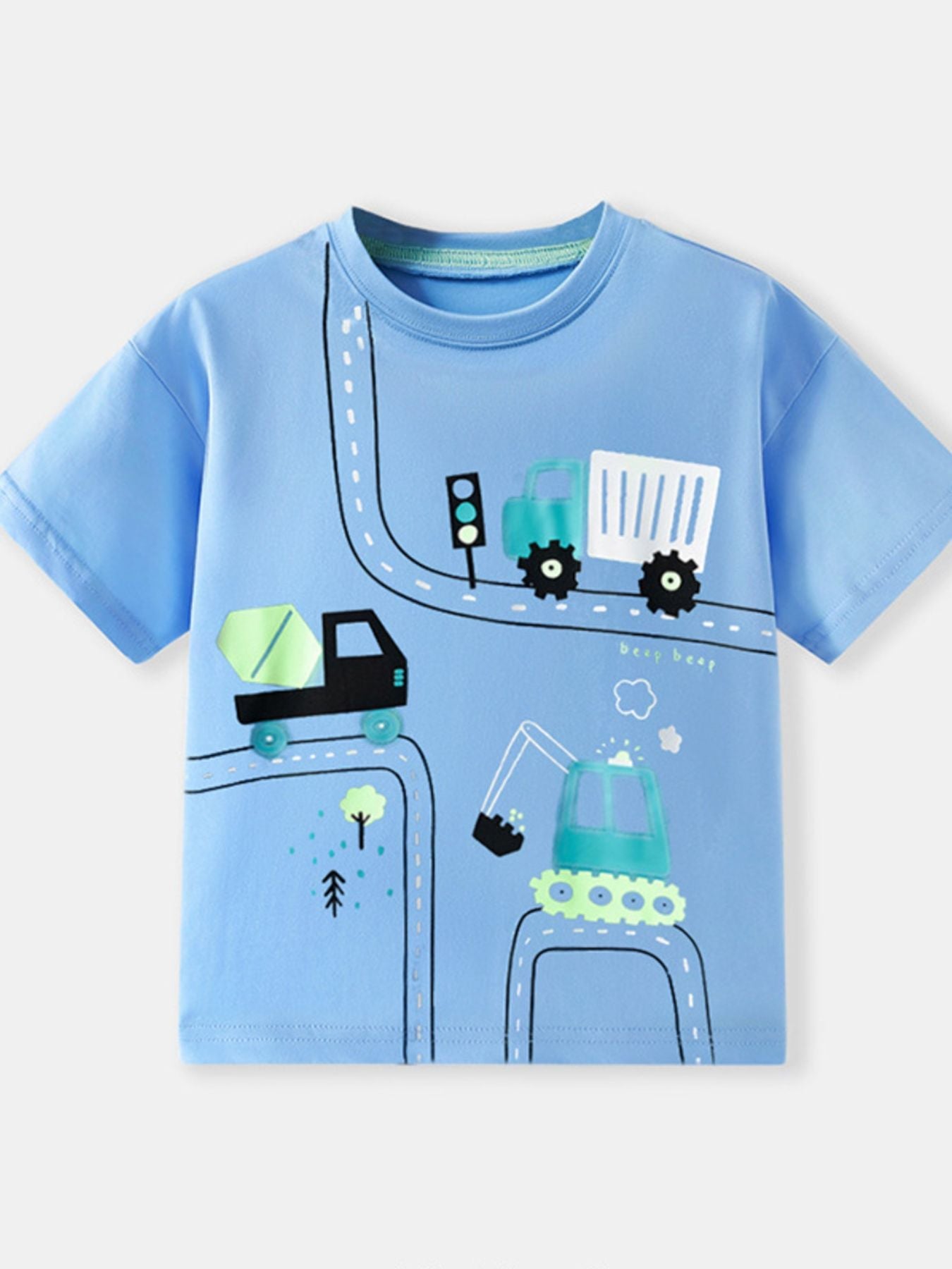 Children's Cartoon Construction Vehicle Print Short Sleeve T-Shirt - Plush Fashion Hub