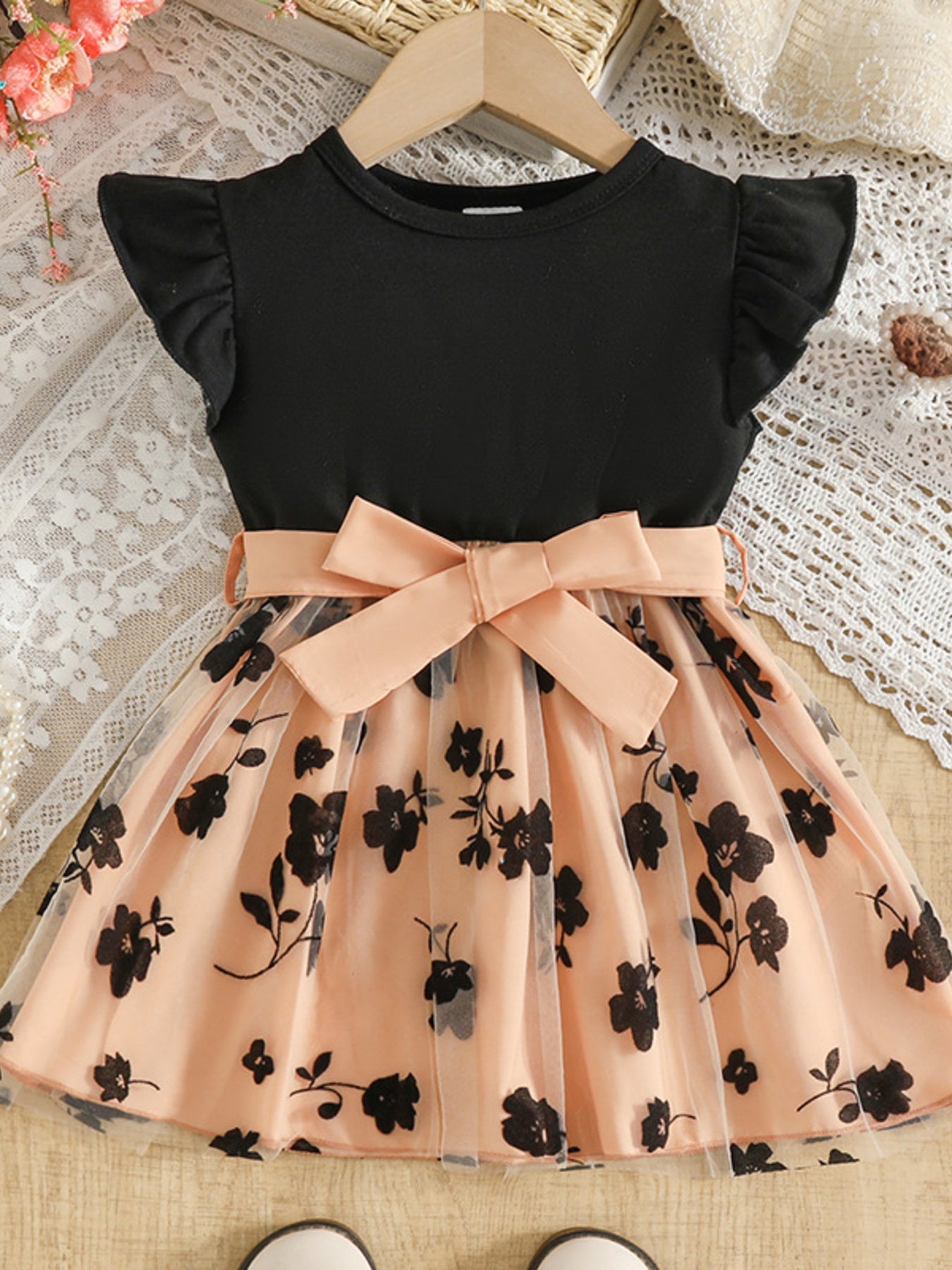 Children's Floral Print Mesh Bowknot Toddler Dress - Plush Fashion Hub