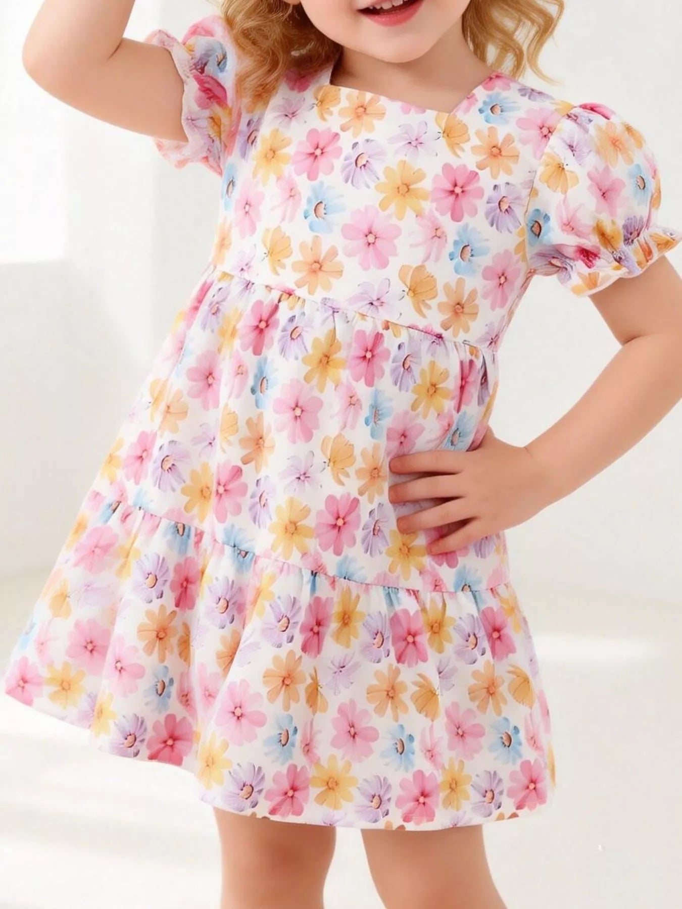 Children's Floral Print Puff Sleeve Ruffle Hem Dress - Plush Fashion Hub
