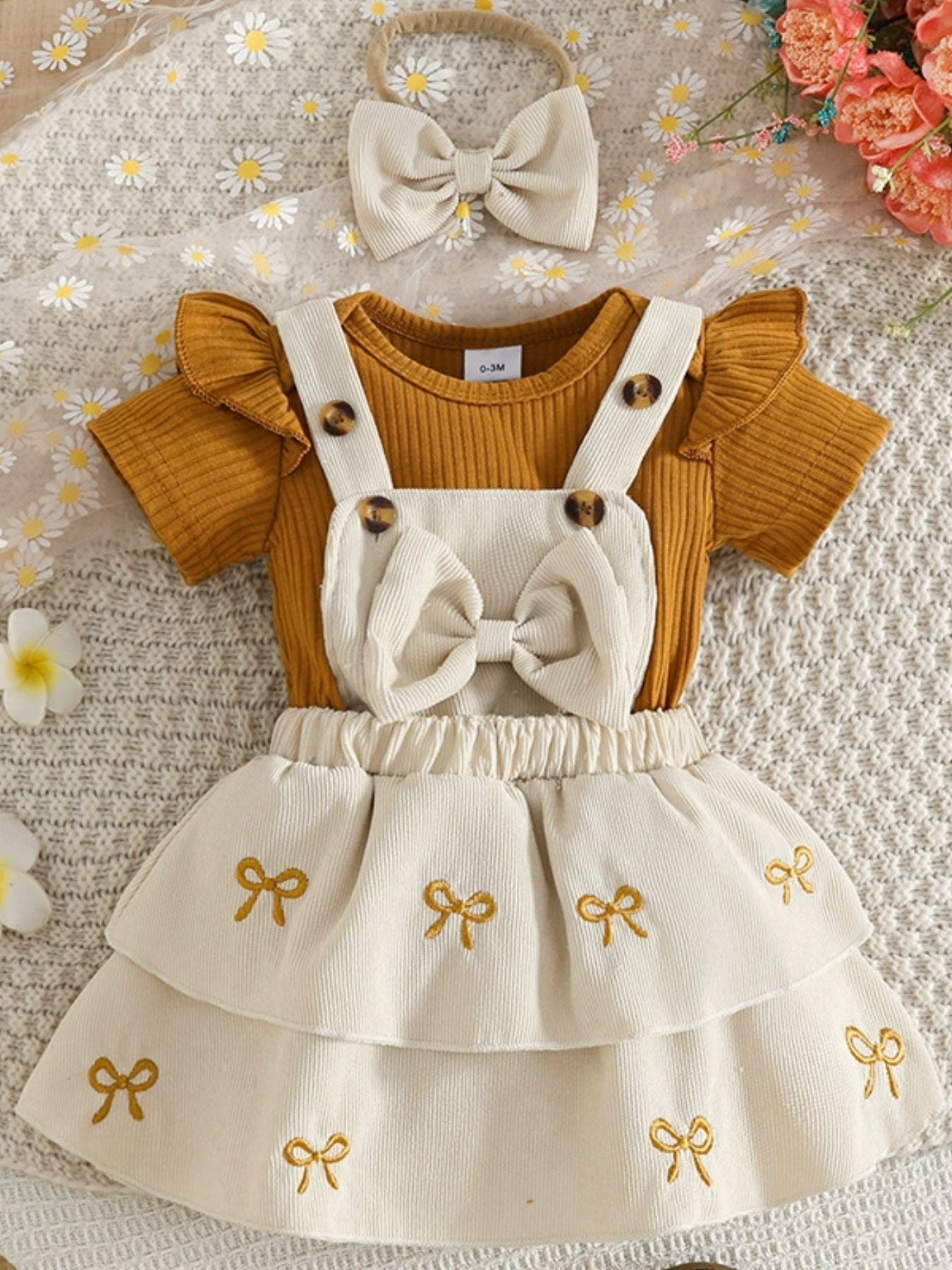 Children's Ribbed Top & Bow Decor Suspender Dress & Headband Set - Plush Fashion Hub