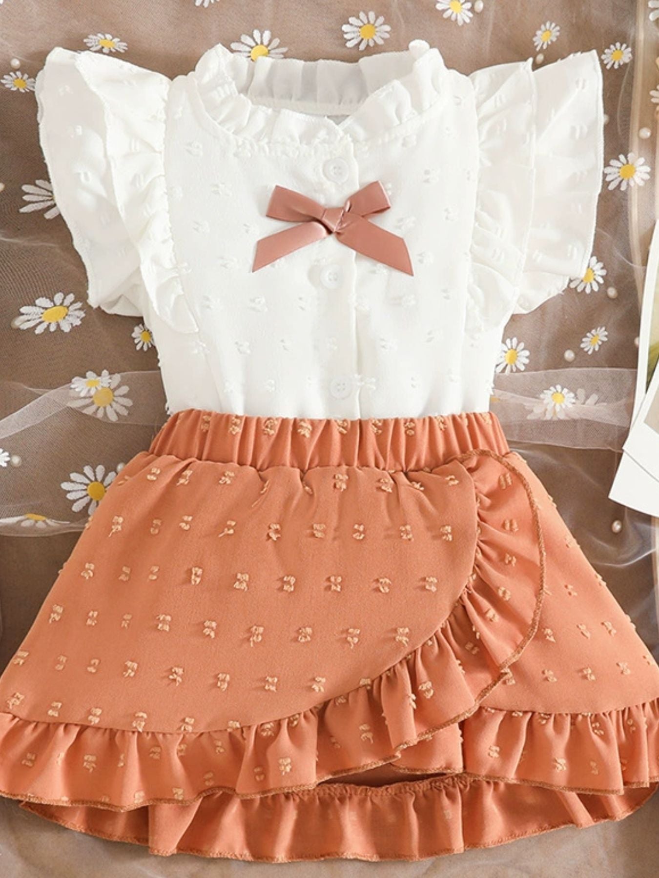 Children's Ruffled Trim Bowknot Blouse & Ruffle Hem Skirt Set - Plush Fashion Hub