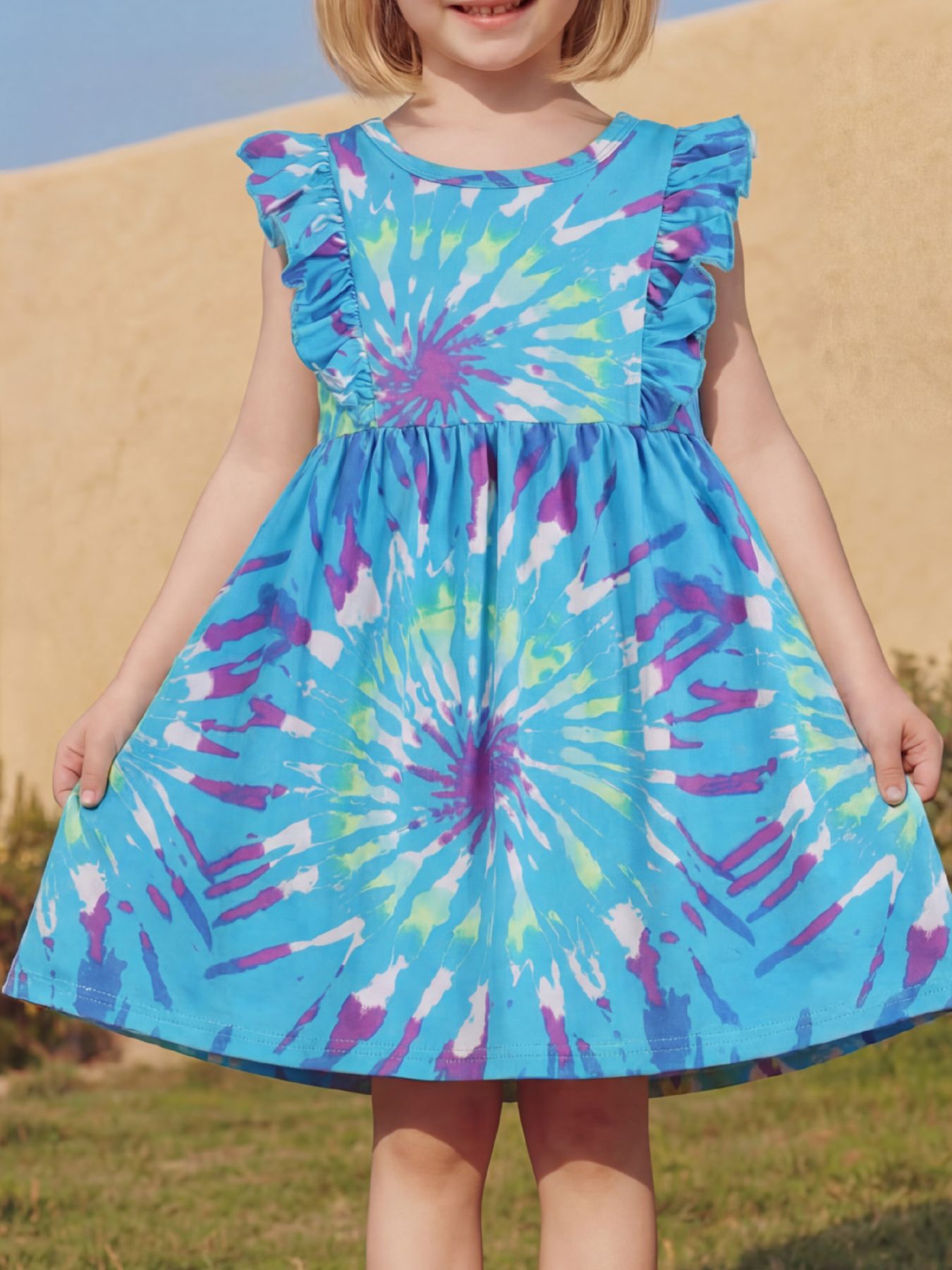 Children's Tie - Dye Ruffle Sleeve Dress - Plush Fashion Hub