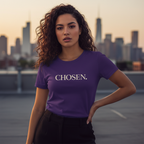 Wear Your Worship Chosen Women's T-Shirt featuring Latina woman in casual lifestyle setting, showcasing comfortable fashion and positive message.