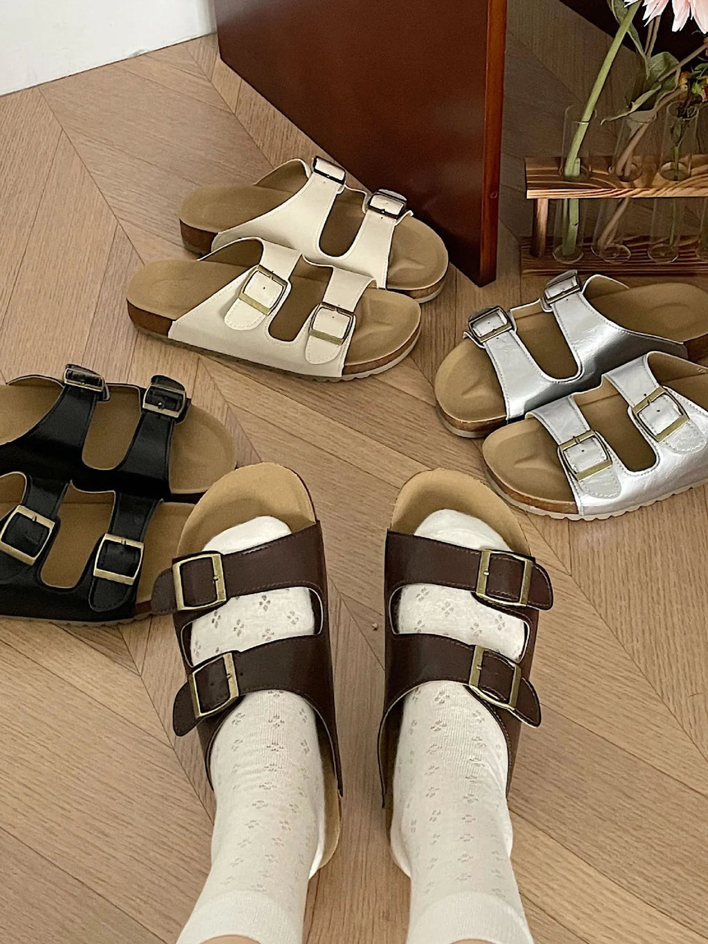 Classic double buckle comfort flat sandals from Trendsi, featuring chic PU leather slides with stylish buckles.