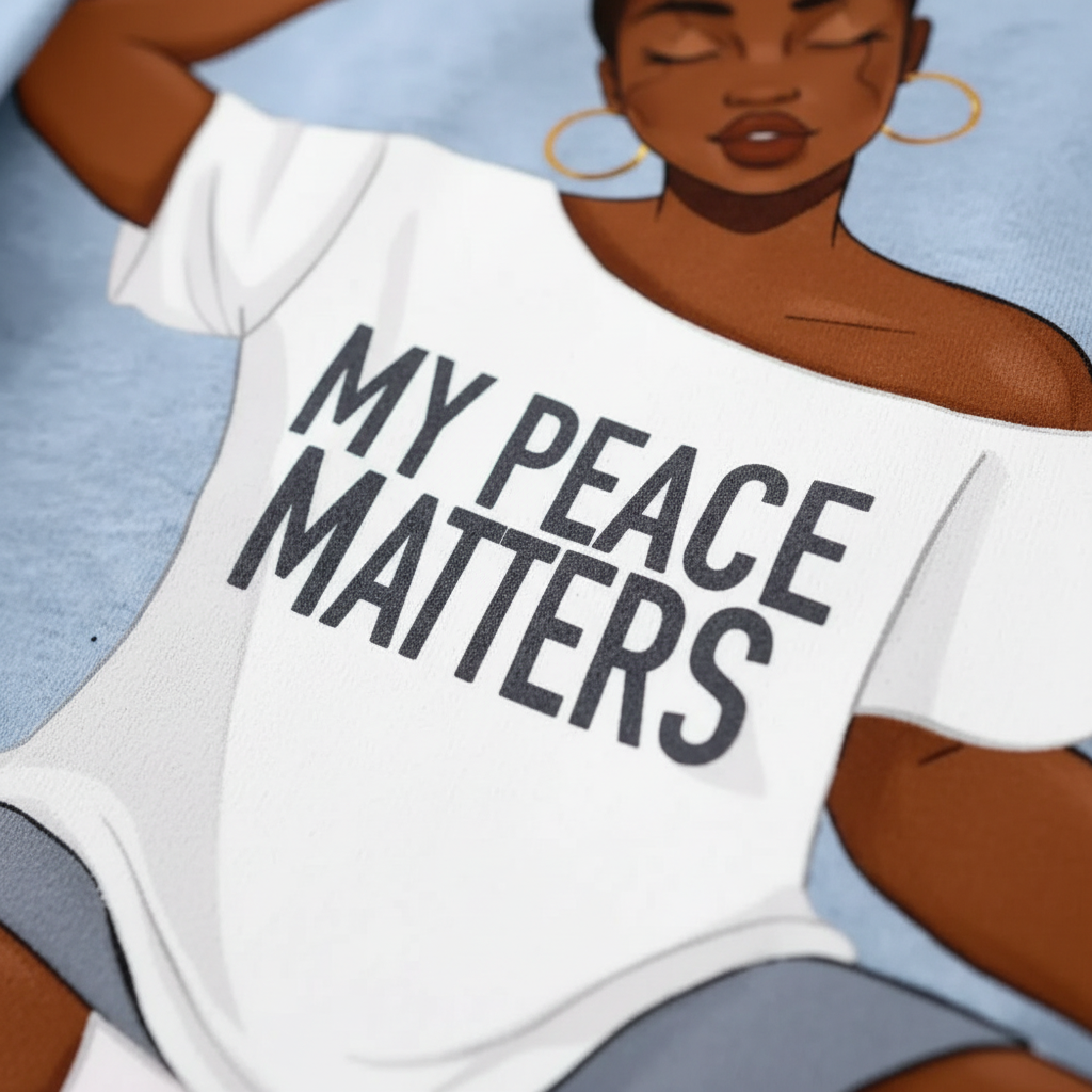 White cotton t-shirt with black text reading "MY PEACE MATTERS" and an illustration of a woman wearing gold hoop earrings.