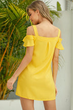 Women's casual cold-shoulder ruffle mini dress in solid color, perfect for summer, by Trendsi.