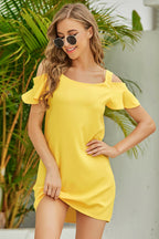 Women's casual cold-shoulder ruffle mini dress in solid color, perfect for summer, from Trendsi women's apparel collection.