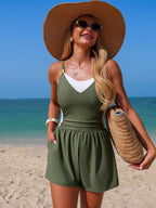 Color block adjustable strap one-piece swimsuit for women, stylish swimwear with vibrant color blocking and comfortable fit.