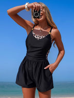 Color block adjustable strap one-piece swimsuit for women, trendy swimwear featuring vibrant color blocking and a comfortable fit.