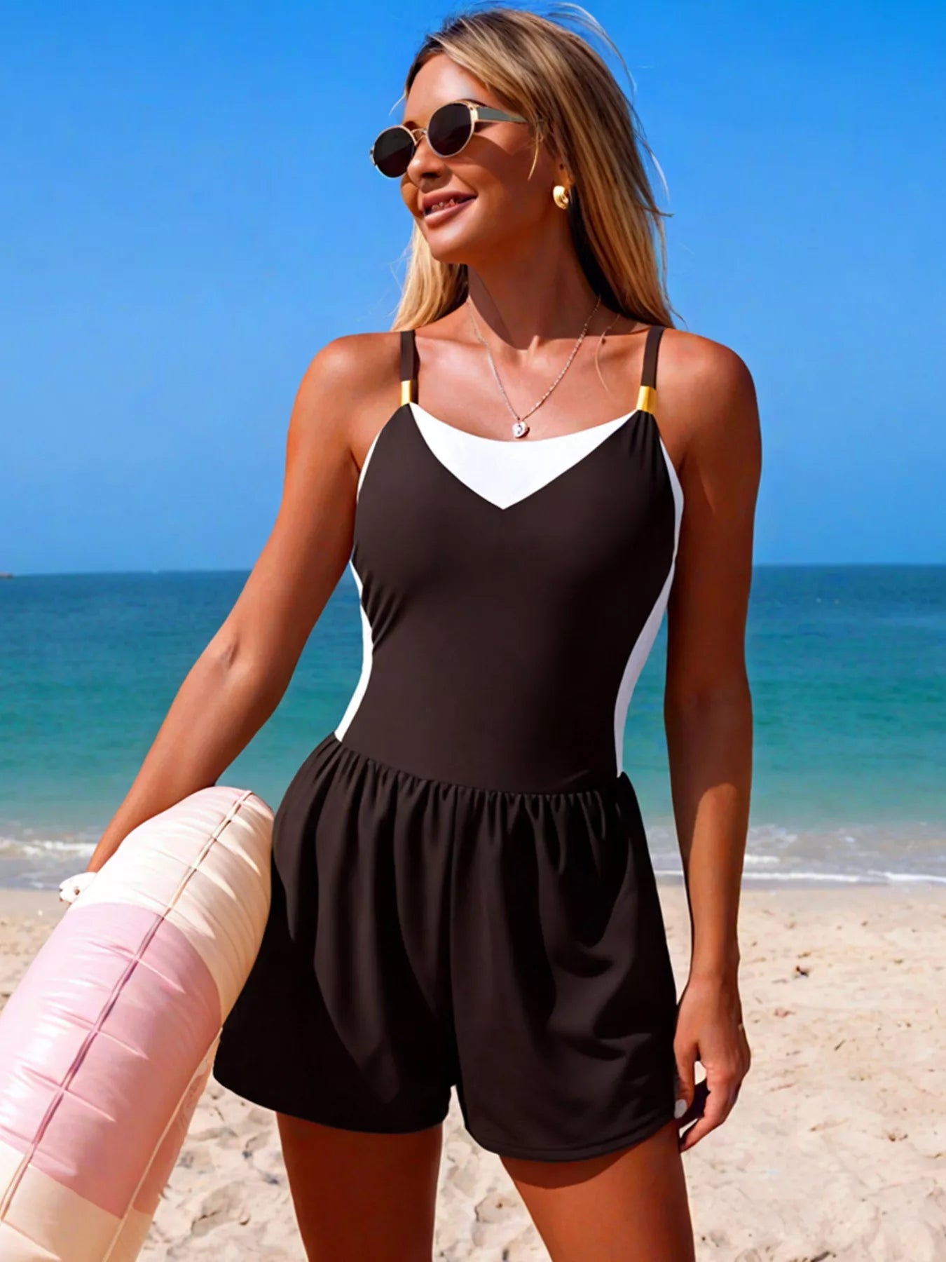 Color block adjustable strap one-piece swimsuit for women, stylish swimwear with vibrant color blocking and a comfortable fit.