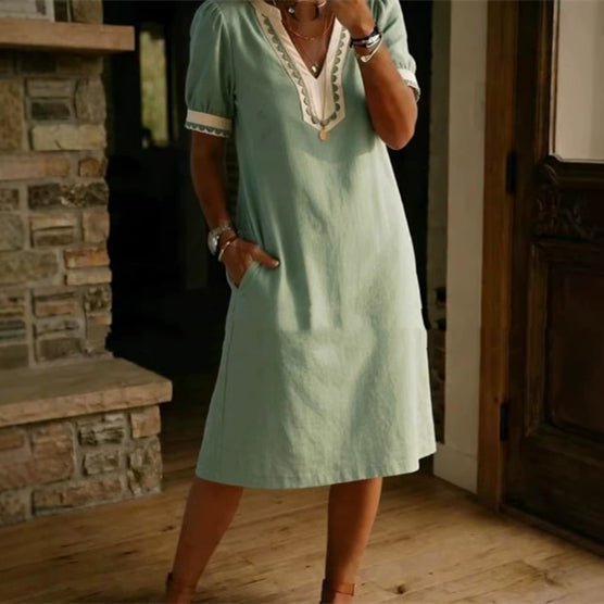 Color-block patchwork lace dress by Plush Fashion Hub, short sleeve A-line casualwear with vibrant color panels and lace details.