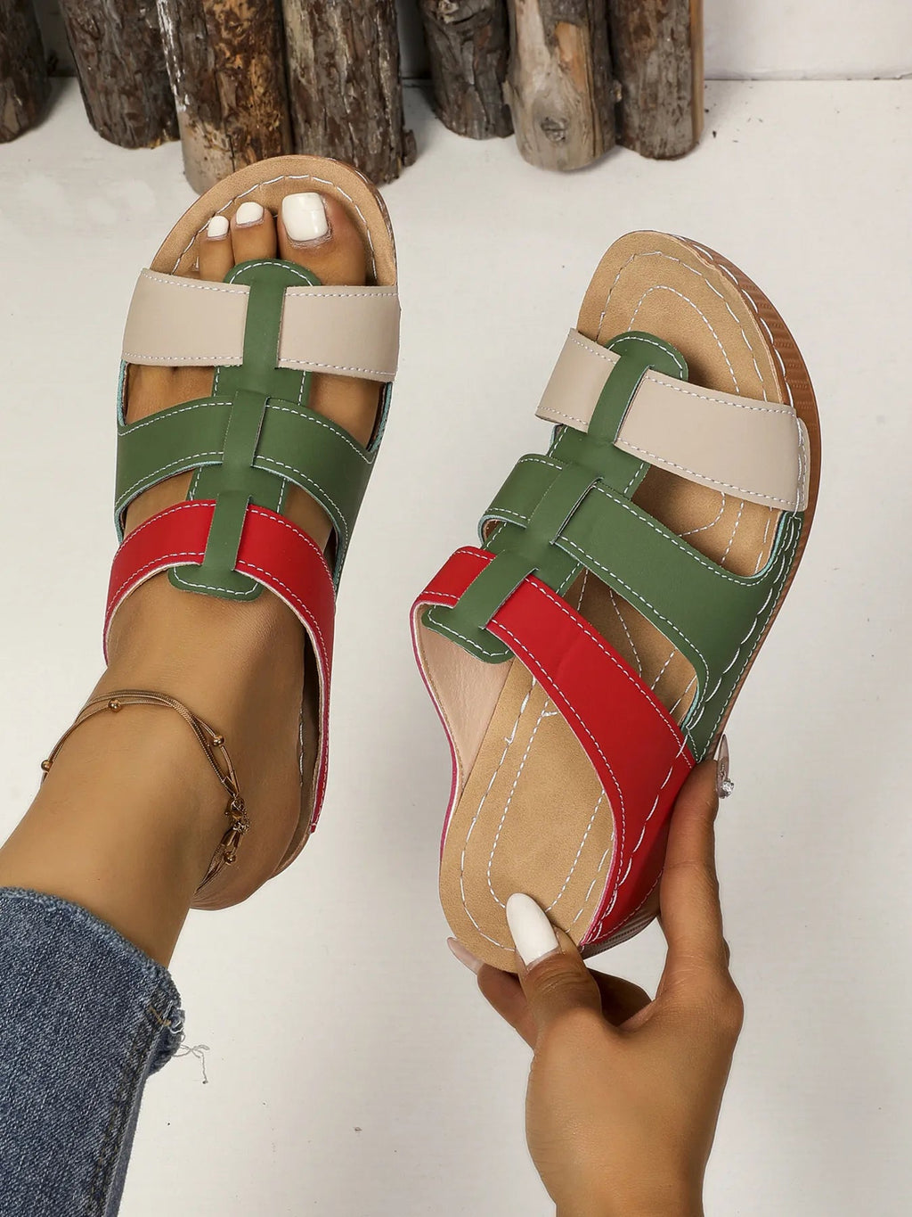 Women's Trendi contrast cutout open toe mid-heel sandals showing stylish design and open toe detail, perfect for sophisticated footwear.
