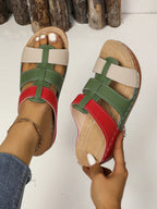 Women's Trendi contrast cutout open toe mid-heel sandals showing stylish design and open toe detail, perfect for sophisticated footwear.