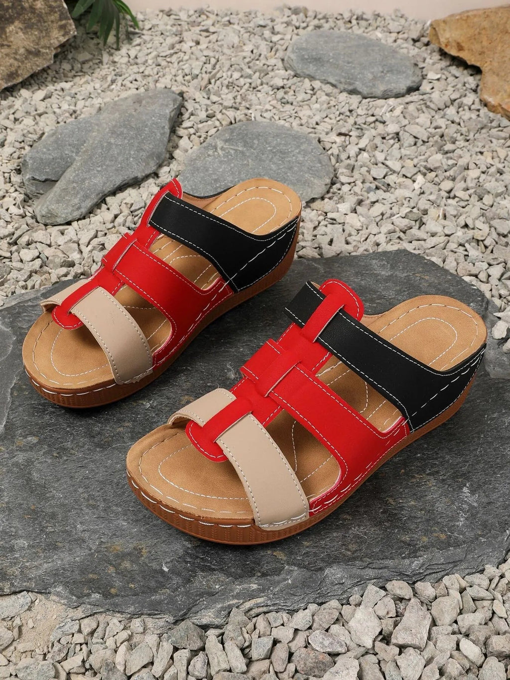 Women's contrast cutout open toe mid-heel sandals by Trendsi featuring stylish design and comfortable block heel.