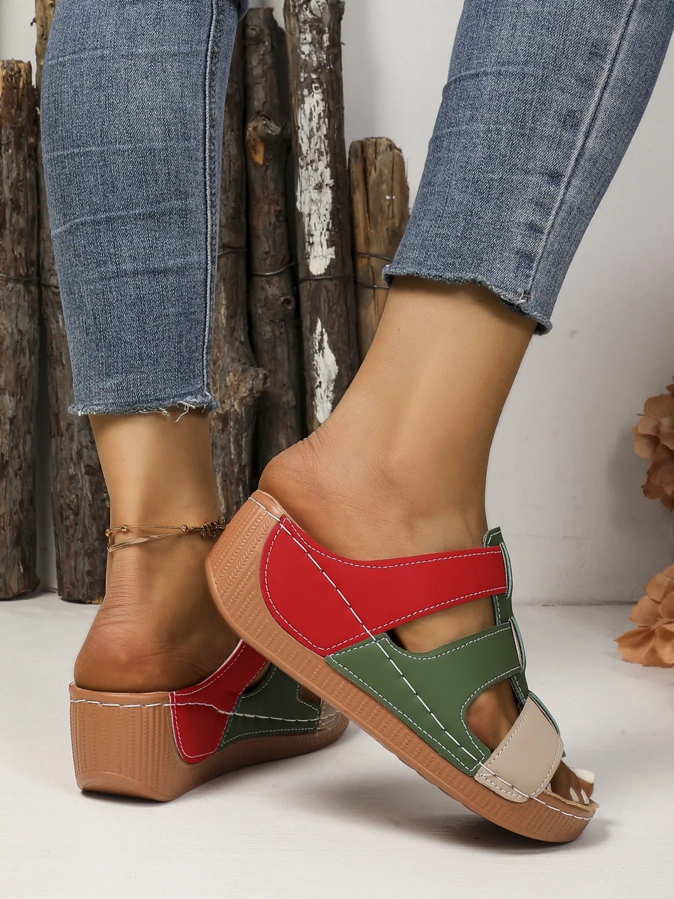 Women's contrast cutout open toe mid-heel sandals by Trendsi, stylish footwear with cutout details and open toe design.