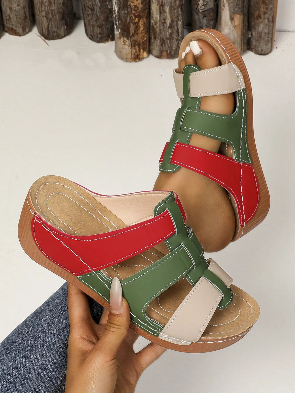 Women's contrast cutout open toe mid-heel sandals by Trendsi, featuring stylish design and open toe detail.