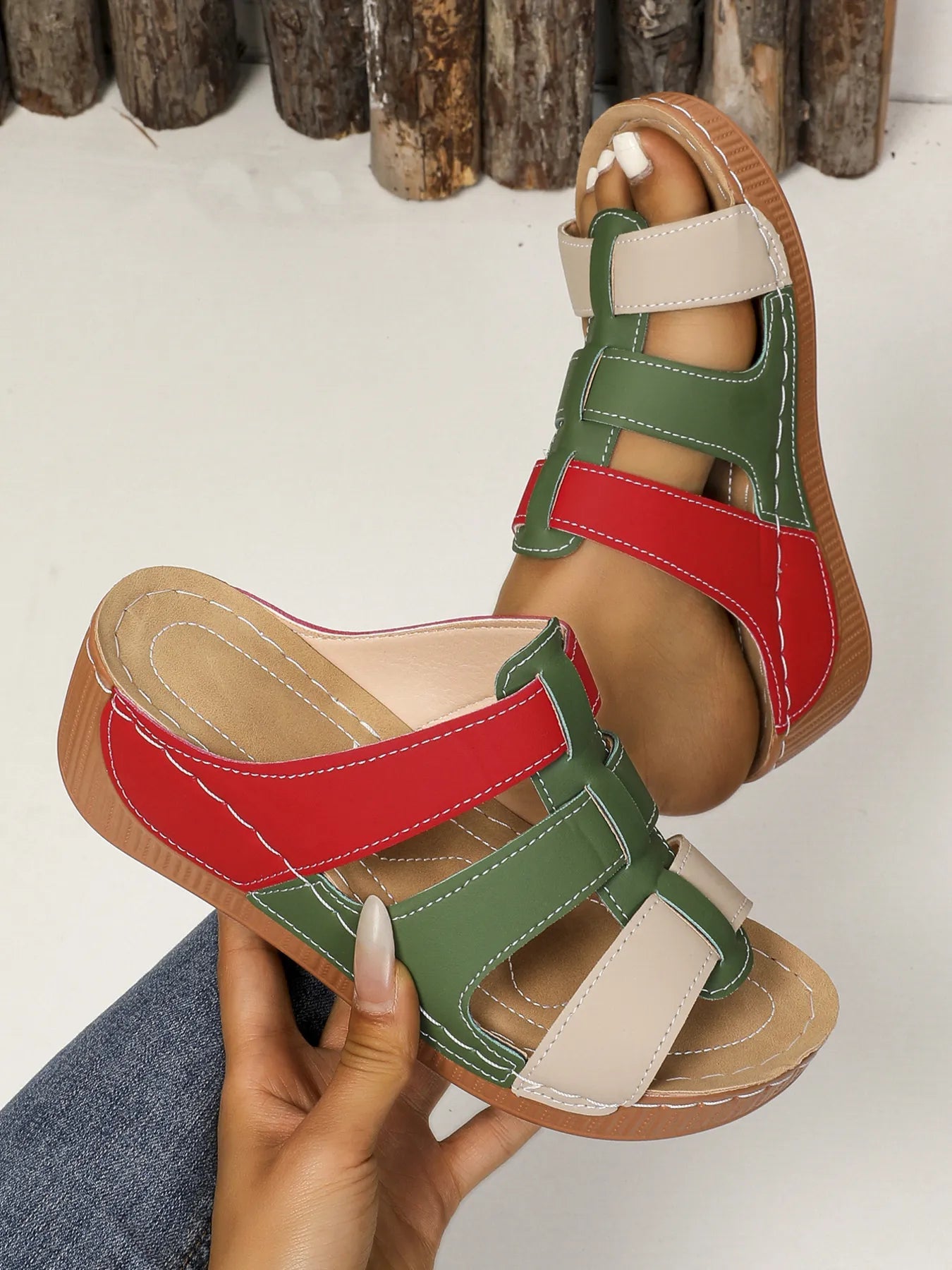 Women's contrast cutout open toe mid-heel sandals by Trendsi, featuring stylish design and open toe detail.