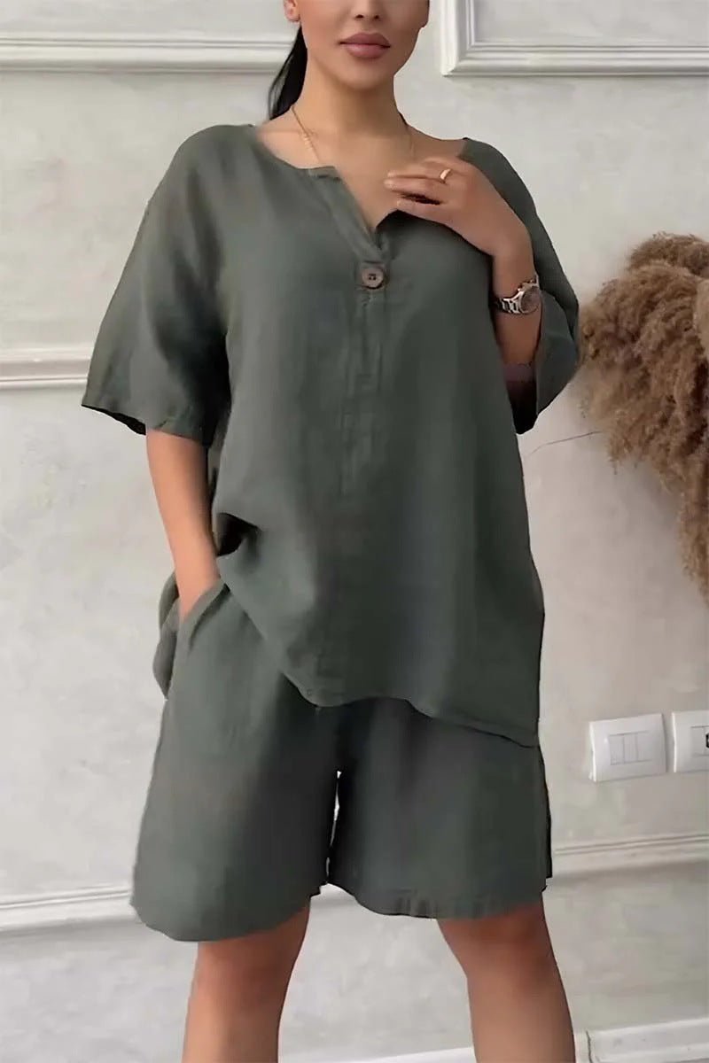 Cotton-linen shirt set with high-waisted loose shorts for women, featuring a relaxed fit and lightweight fabric from Plush Fashion Hub.