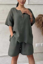 Cotton-linen shirt set with high-waisted loose shorts for women, featuring a relaxed fit and lightweight fabric from Plush Fashion Hub.