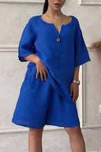 Cotton-linen shirt set with high-waisted loose shorts for women, featuring a relaxed fit and lightweight fabric by Plush Fashion Hub.