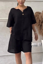 Cotton-linen shirt set with high-waisted loose shorts for women, featuring a relaxed fit and breathable fabric, perfect for casual wear.