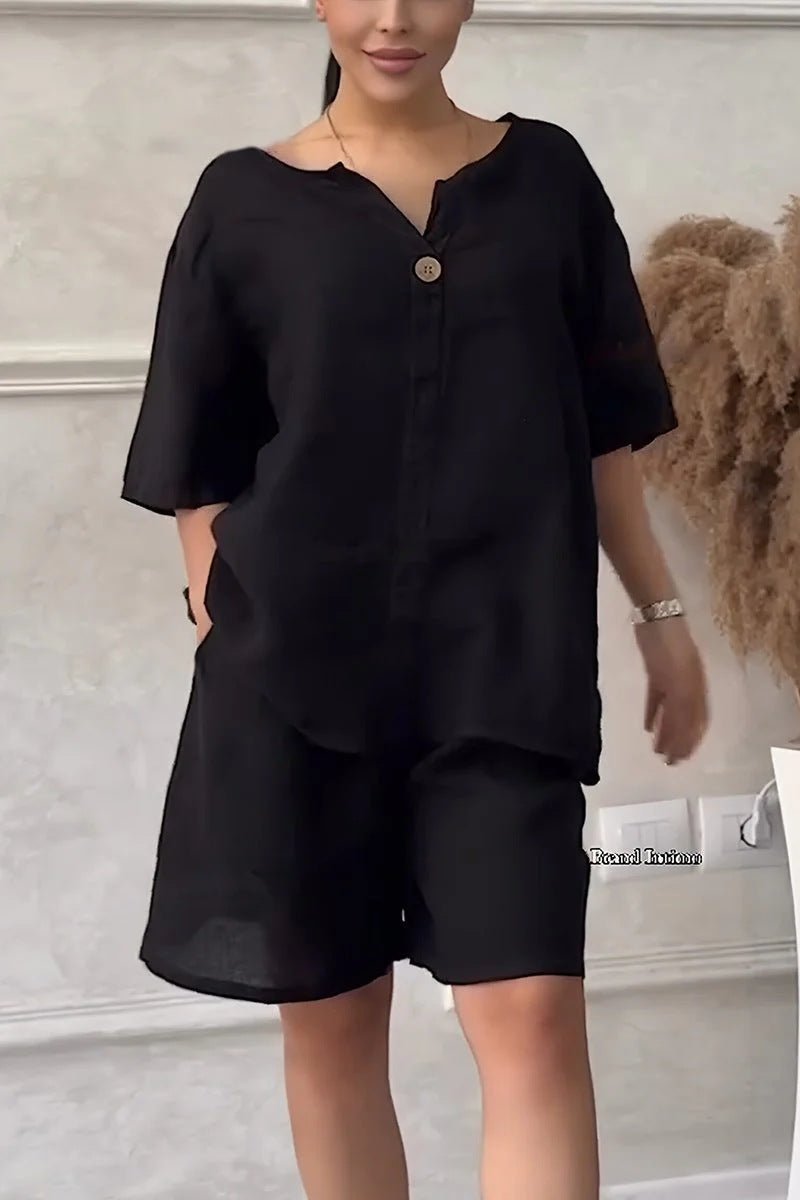 Cotton-linen shirt set with high-waisted loose shorts for women, featuring a relaxed fit and breathable fabric, perfect for casual wear.