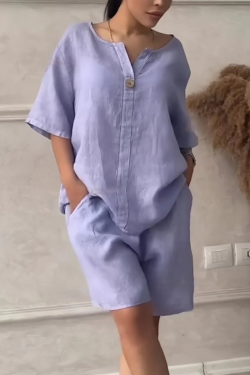 Cotton-linen shirt set with high-waisted loose shorts for women, featuring a relaxed fit and lightweight fabric from Plush Fashion Hub.