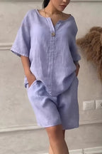Cotton-linen shirt set with high-waisted loose shorts for women, featuring a relaxed fit and lightweight fabric from Plush Fashion Hub.