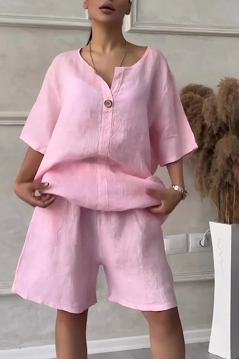Cotton-linen shirt set with high-waisted loose shorts for women, featuring a casual, comfortable summer outfit from Plush Fashion Hub.