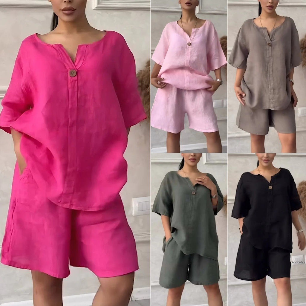 Cotton-linen shirt set with high-waisted loose shorts for women, featuring a relaxed fit and casual summer style.