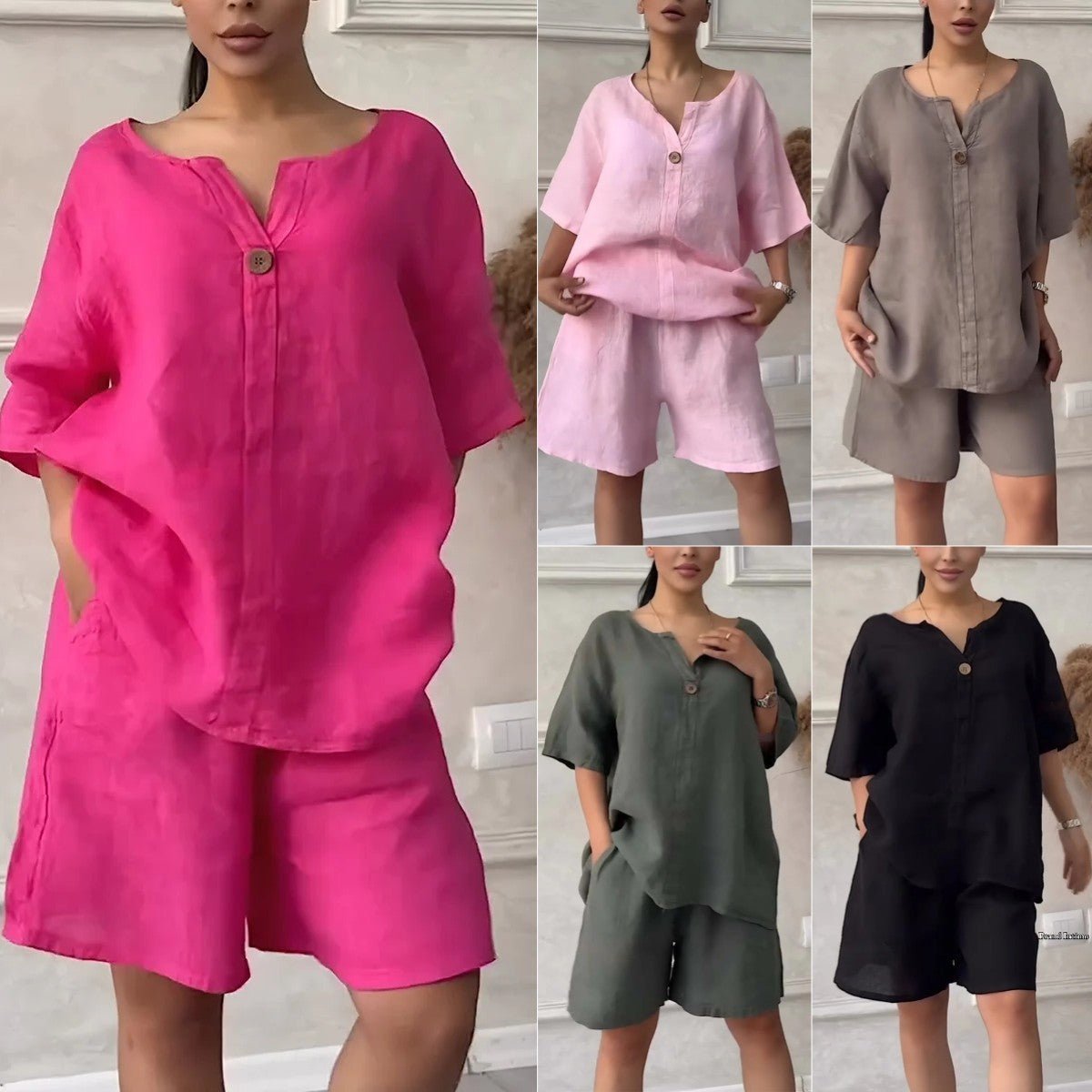 Cotton-linen shirt set with high-waisted loose shorts for women, featuring a relaxed fit and casual summer style.