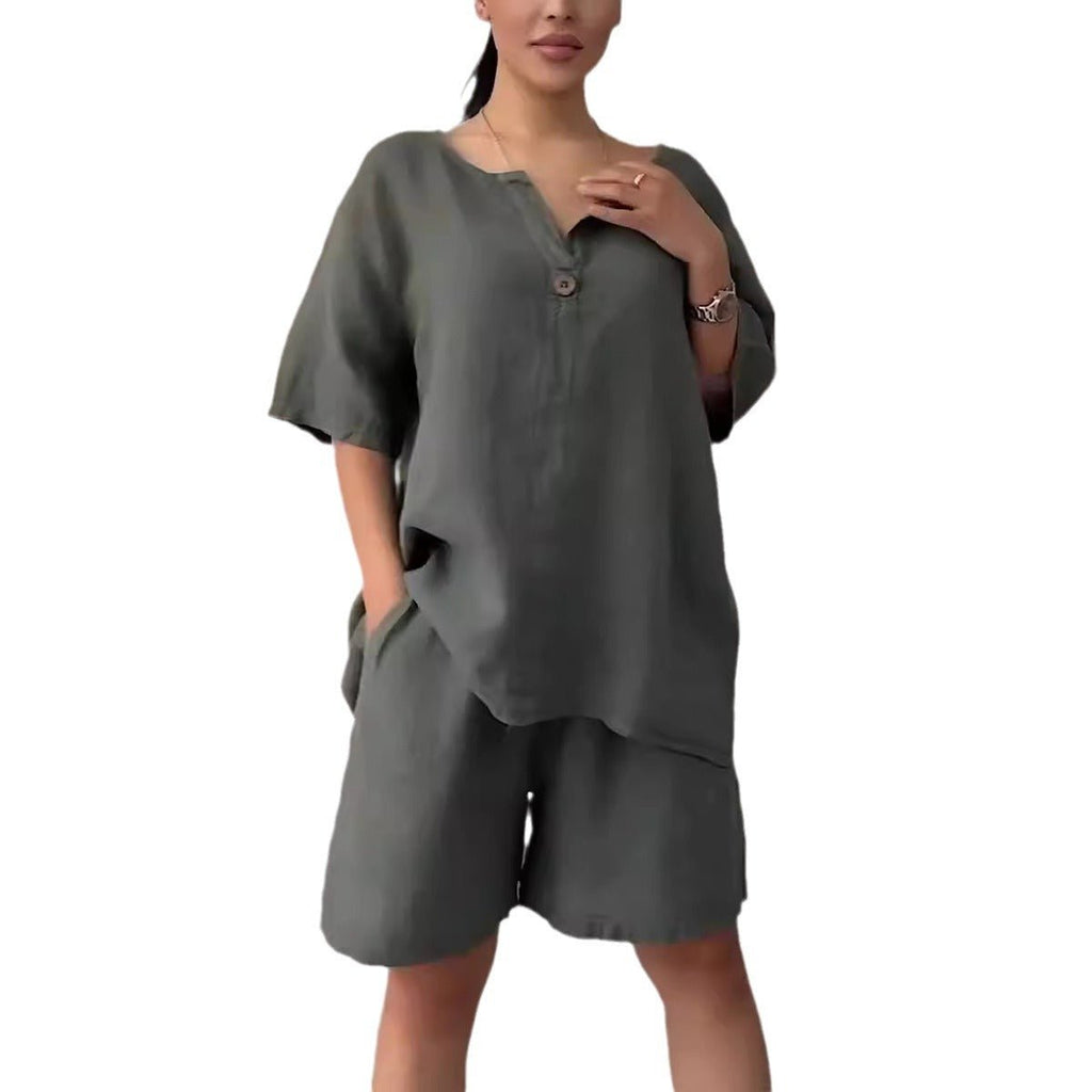 Cotton-linen shirt set with high-waisted loose shorts for women, featuring a relaxed fit and comfortable fabric from Plush Fashion Hub.
