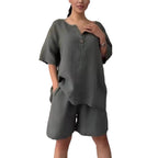 Cotton-linen shirt set with high-waisted loose shorts for women, featuring a relaxed fit and comfortable fabric from Plush Fashion Hub.