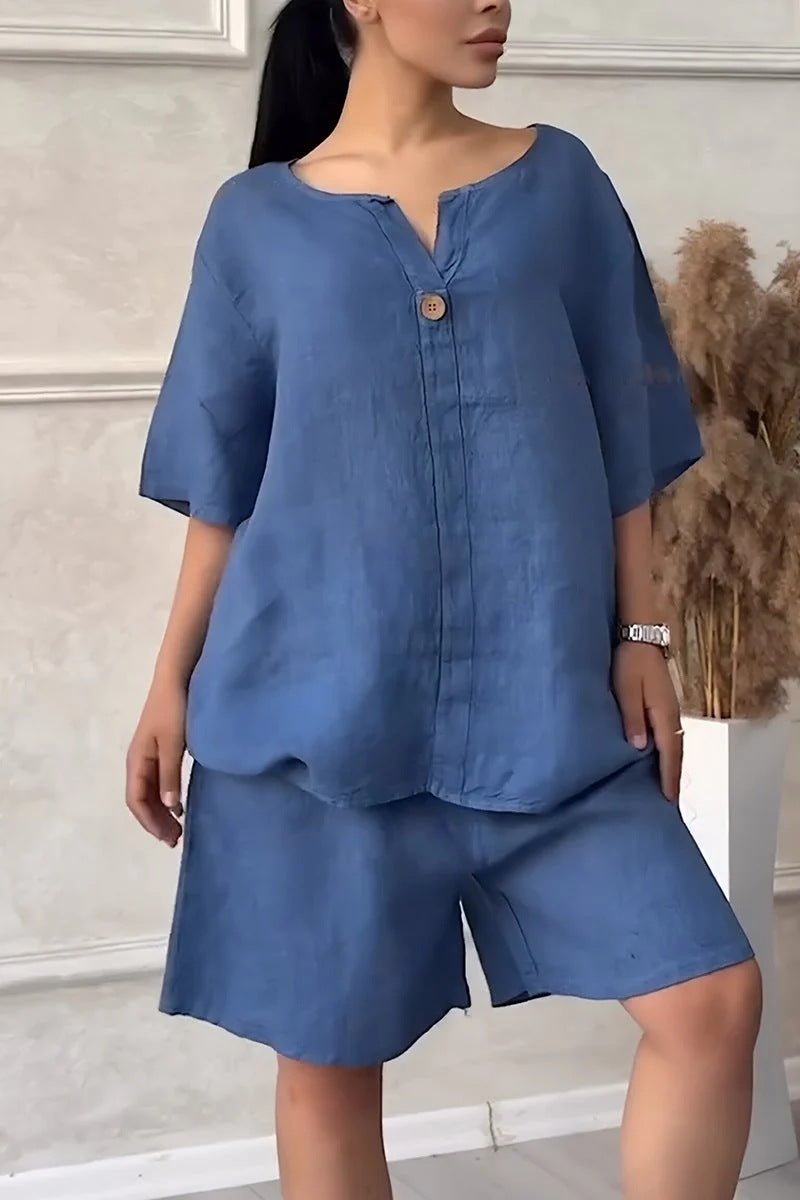 Cotton-linen shirt set with high-waisted loose shorts for women, featuring a relaxed fit and lightweight fabric by Plush Fashion Hub.