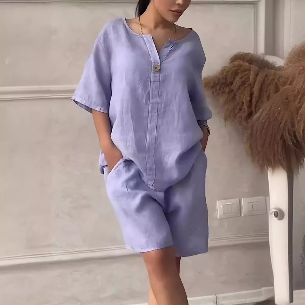 Cotton-linen shirt set with high-waisted loose shorts for women, featuring a relaxed fit and lightweight fabric, by Plush Fashion Hub.