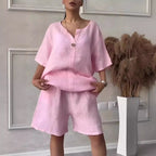 Cotton-linen shirt set with high-waisted loose shorts for women, in a relaxed fit, featuring soft fabric and casual style.