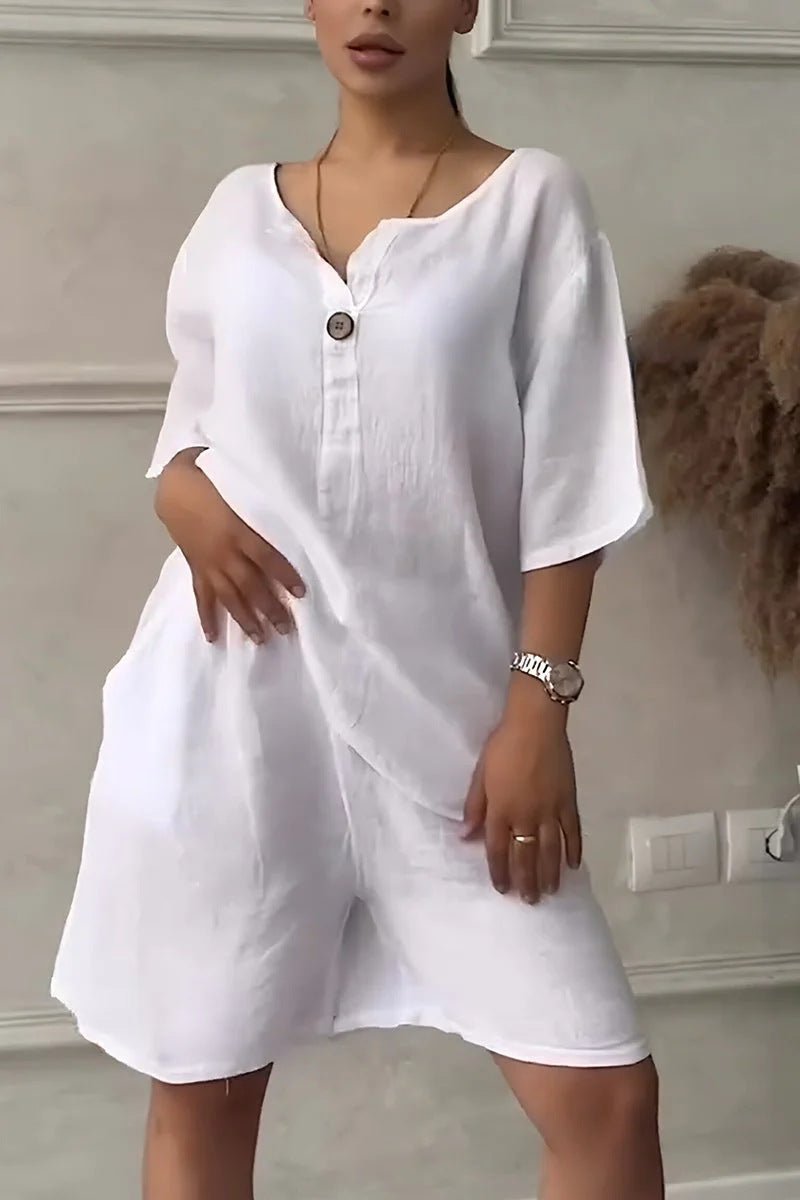 Cotton-linen shirt set with high-waisted loose shorts for women, featuring a relaxed fit and casual summer style.