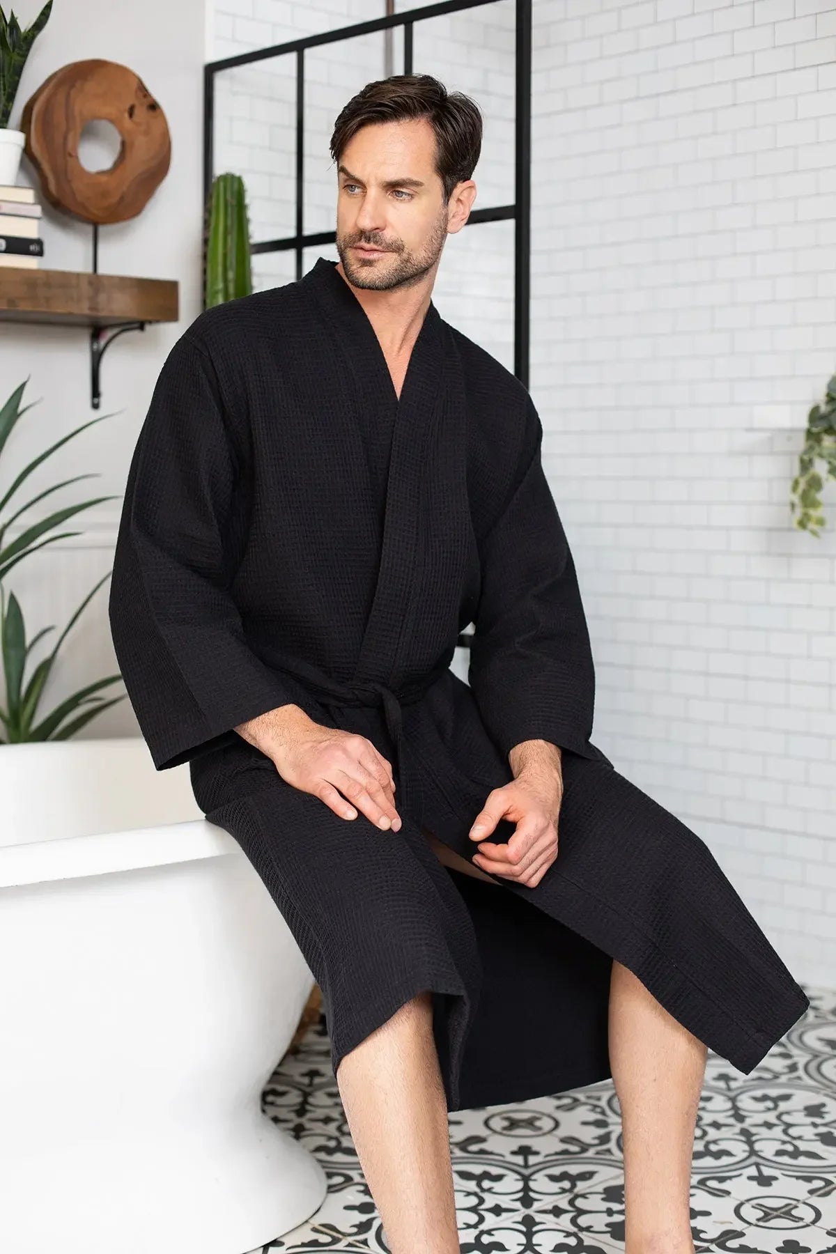 Absorbent, lightweight cotton waffle spa bathrobe for men by Plush Fashion Hub, showing the soft textured fabric and relaxed fit.